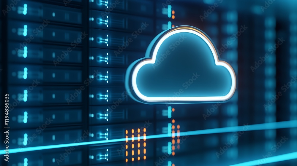 Aufkleber futuristic data storage concept with cloud technology and server rack in dark blue environment