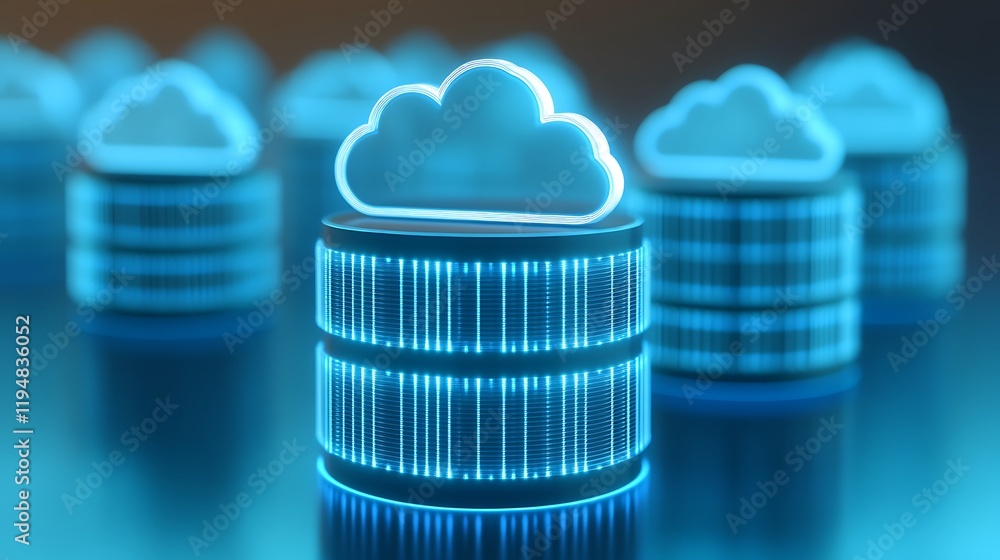 Poster futuristic data storage concept with cloud technology and neon lights in a digital environment