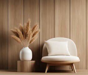 Modern Minimalist Interior Design,  Cream Chair and Pampas Grass in a Wooden Room