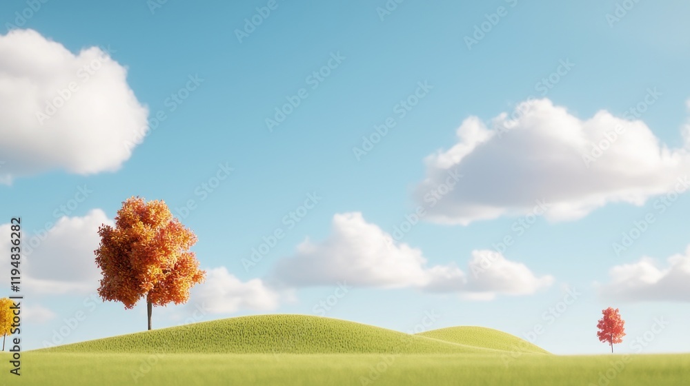 Poster Serene landscape with colorful trees and soft clouds in the sky.