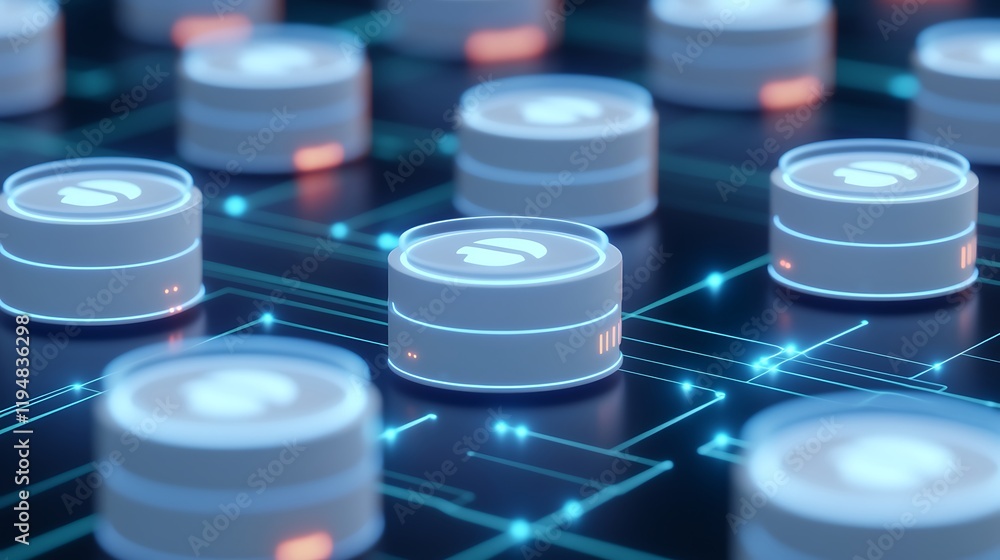 Aufkleber futuristic digital circuits with glowing data storage devices on a dark background