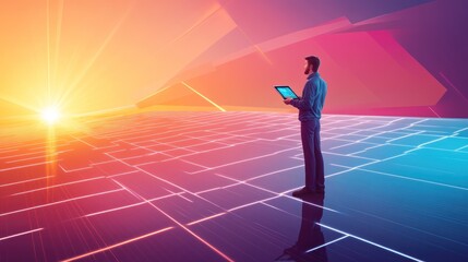 A technician presenting solar energy statistics on a tablet, standing amidst an array of gleaming solar panels