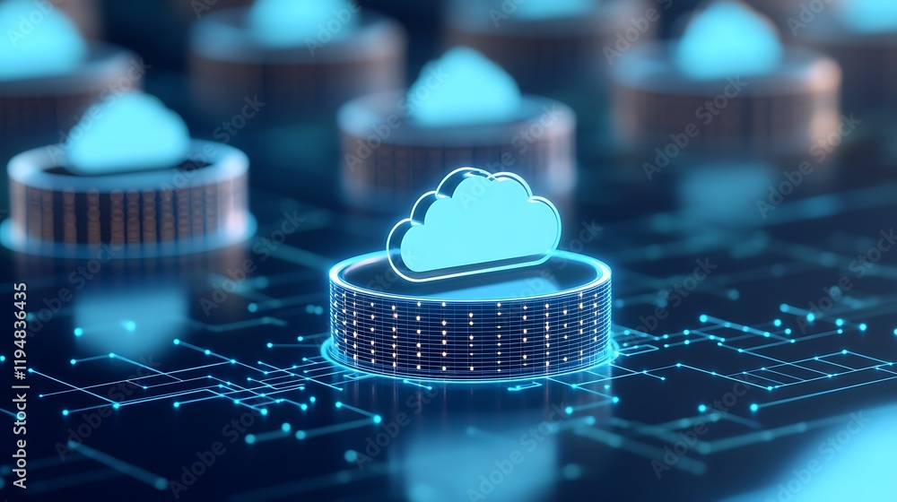 Poster futuristic digital cloud computing concept with coins representing data storage and connectivity in 