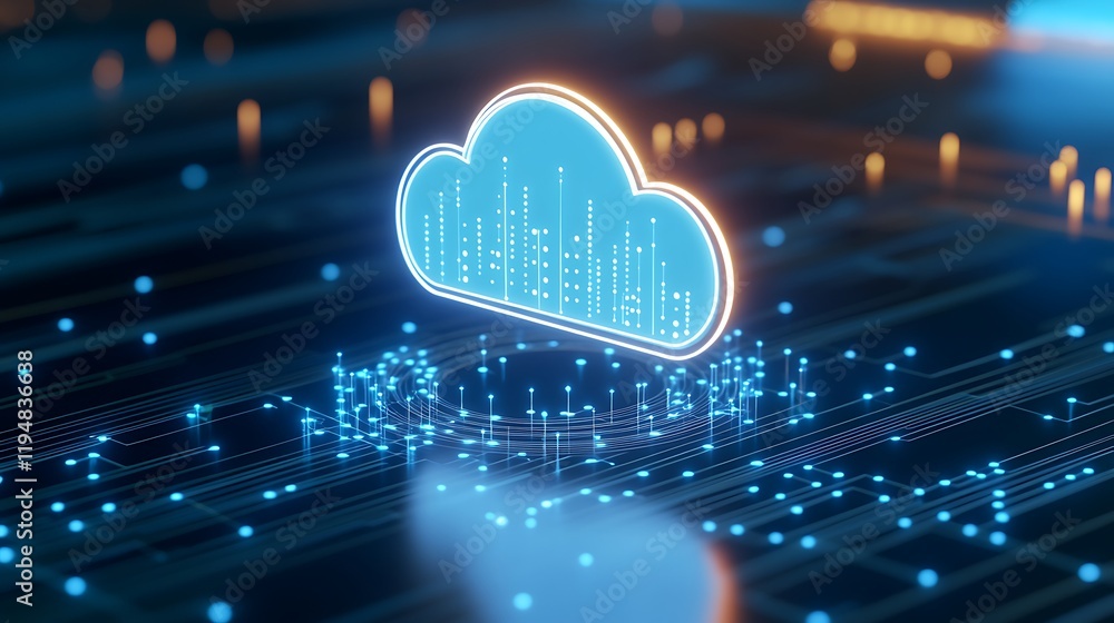 Poster Futuristic Digital Cloud Computing Concept with Data Visualization and Network Connections on Technology Background