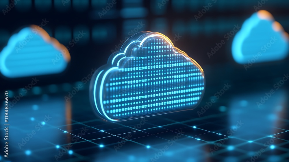 Poster futuristic digital cloud computing concept with glowing data visualization for technology and innova