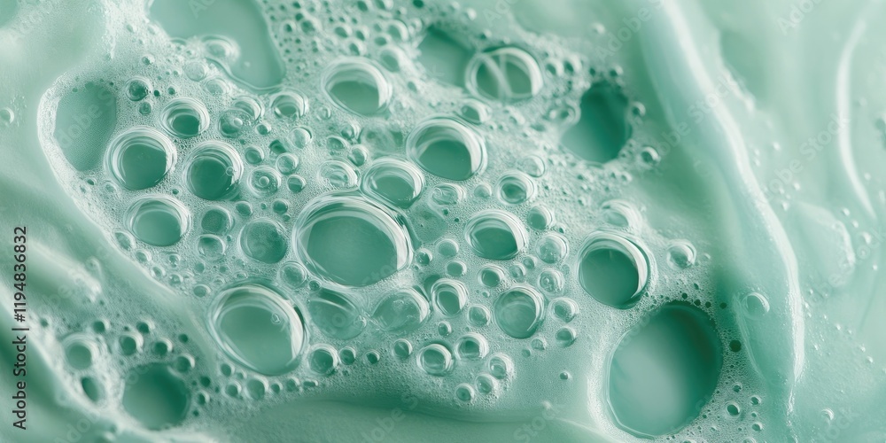 Poster macro shot of mint green slime with transparent bubbles floating within, showcasing a smooth texture