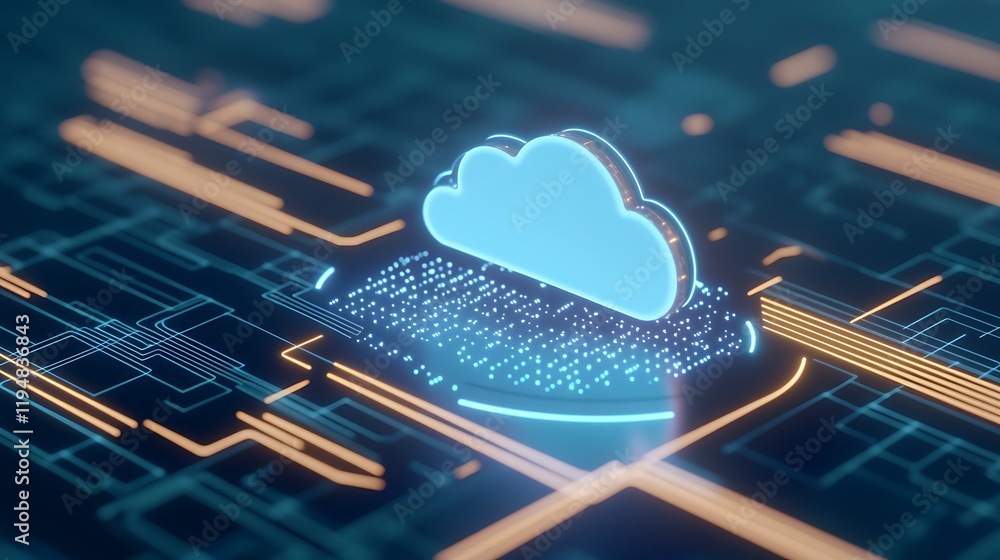 Poster futuristic digital cloud computing concept with neon elements and abstract circuit background