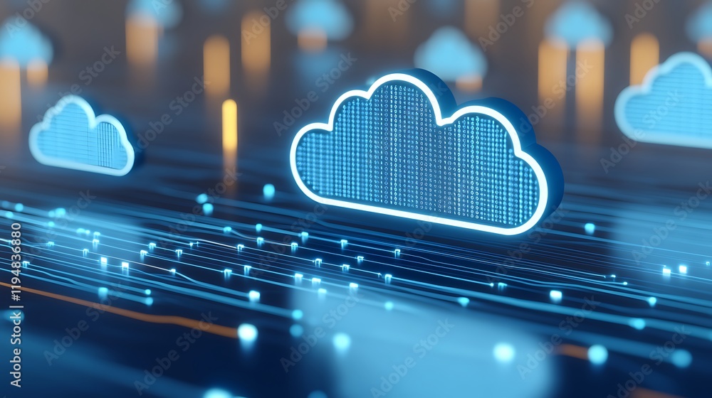 Poster futuristic digital cloud computing concept with neon lights and data flow patterns in a technology e