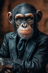 Elegant Chimpanzee Man in Formal Suit Posing with Thoughtful Expression