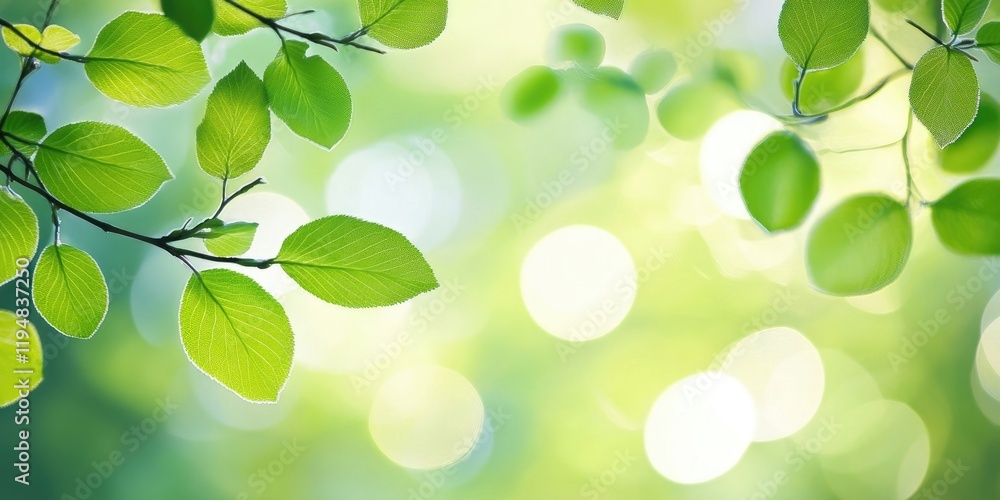 Poster lush green leaves with vibrant sunlight bokeh background creating a serene and refreshing atmosphere