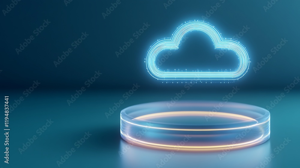 Poster futuristic digital cloud concept with glowing elements on a circular display platform in a modern se