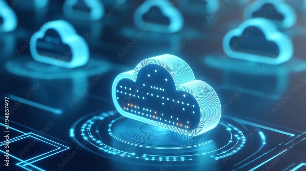 Poster futuristic digital cloud concept with glowing elements representing data storage and technology inno