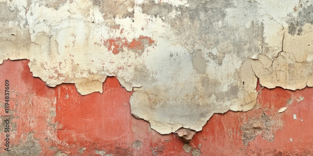 Poster chipped plaster wall with layers of red and beige texture at various positions creating an aged and 