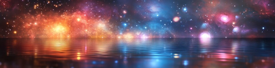 Naklejka premium Mesmerizing cosmic panorama of galaxy reflections on tranquil water surface