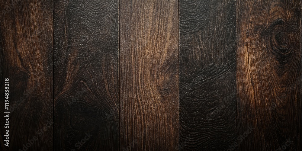 Poster dark brown wood texture background with deep grain patterns and ample copy space, featuring vertical