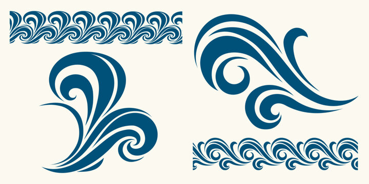 Blue Waves Set. Seamless beautiful waves. Vector blue marine pattern. Stylized design..