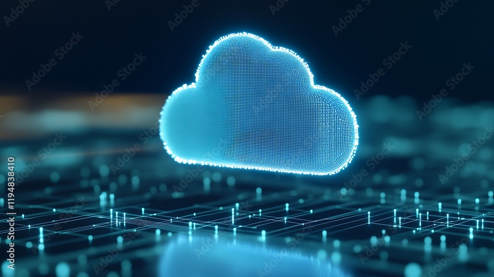 Poster futuristic digital cloud icon representing data connectivity and cloud computing technology on dark 