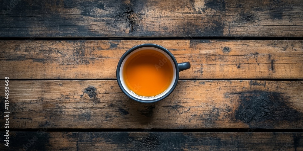 Poster cup of orange tea centered on a textured wooden table with dark brown tones and rustic background sh