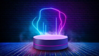Cylinder flying podium with neon glowing abstract geometric shapes on wall and smoke clouds. Realistic 3d vector illustration of purple and blue luminous hi tech product platform on dark background.