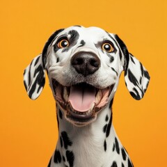 Close-up portrait of a cheerful dalmatian dog with a wide smile and a bright orange backdrop