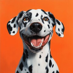 Close-up portrait of a cheerful dalmatian dog with a wide smile and a bright orange backdrop