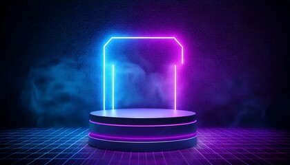 Cylinder flying podium with neon glowing abstract geometric shapes on wall and smoke clouds. Realistic 3d vector illustration of purple and blue luminous hi tech product platform on dark background.