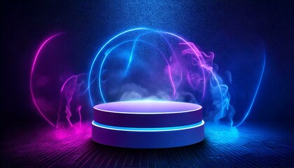 Cylinder flying podium with neon glowing abstract geometric shapes on wall and smoke clouds. Realistic 3d vector illustration of purple and blue luminous hi tech product platform on dark background.