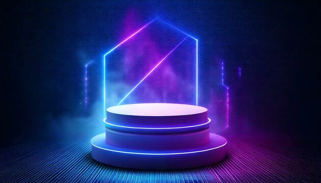 Cylinder flying podium with neon glowing abstract geometric shapes on wall and smoke clouds. Realistic 3d vector illustration of purple and blue luminous hi tech product platform on dark background.