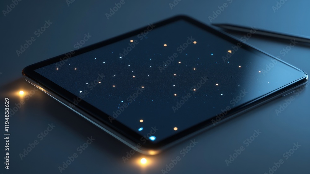 Poster digital render of tablet displaying star-like patterns in warm lighting