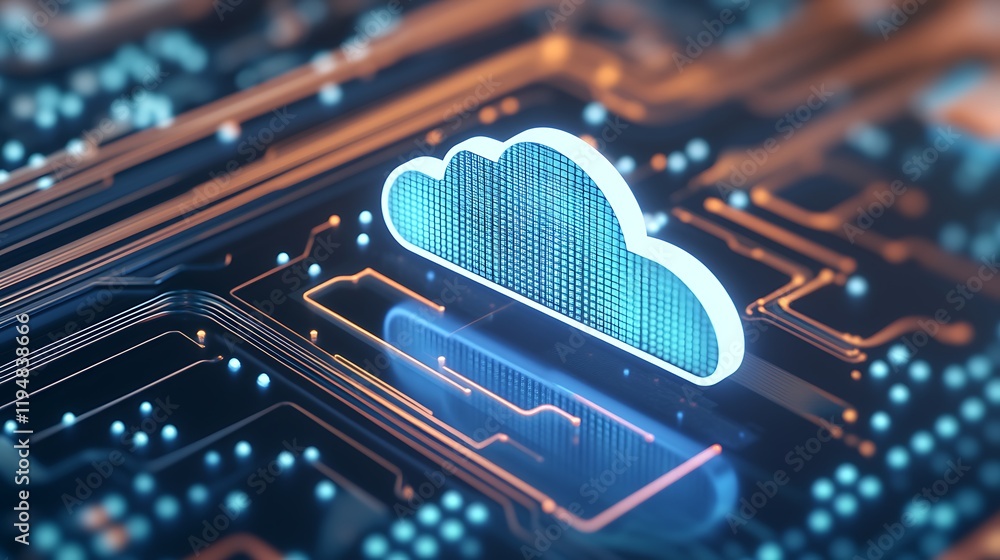 Poster futuristic digital cloud icon surrounded by circuit board patterns in modern technology environment