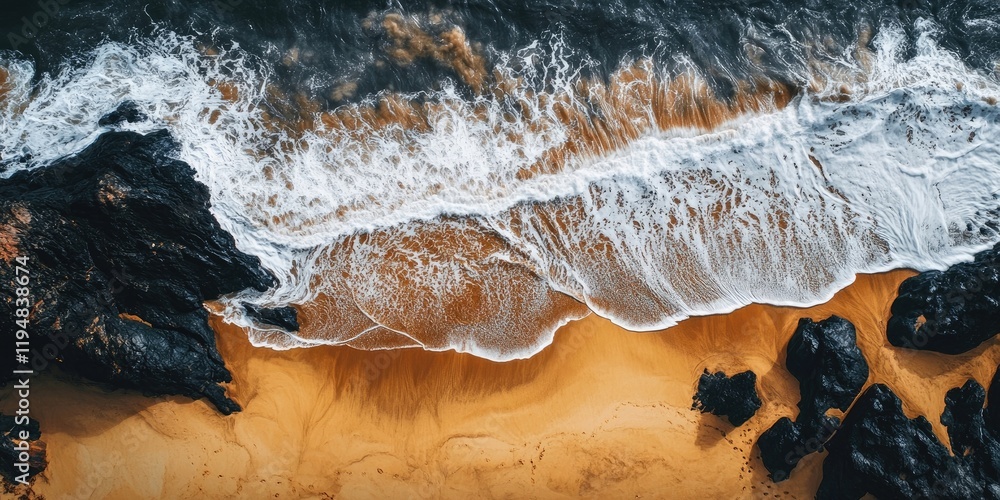 Poster aerial view of crashing waves on golden sandy beach with dark rocky formations, creating a dynamic c