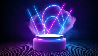 Cylinder flying podium with neon glowing abstract geometric shapes on wall and smoke clouds. Realistic 3d vector illustration of purple and blue luminous hi tech product platform on dark background.