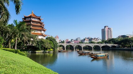 Fototapeta premium River scene with pagoda and city