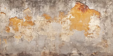Plexiglas schilderij Verweerde muur Weathered cement wall with peeling paint in shades of gray, orange, and cream showcasing a textured grunge appearance with cracks and rough surfaces.  © StockKing