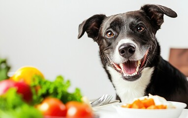 Close-up portrait of a cheerful dog with a wide smile and a bright white backdrop
