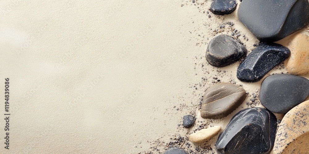 Poster abstract composition of smooth stones and beige sand in the lower right corner with ample negative s