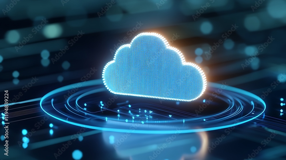 Poster futuristic digital cloud icon with bright led lights on circuit board background representing cloud 
