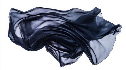 Flowing sheer dark fabric dynamically suspended against a bright white background