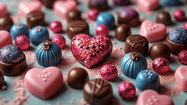 Sweet Indulgence: A tempting array of assorted chocolates in vibrant hues, with a prominent pink heart-shaped piece, creates a decadent and visually stunning display. 
