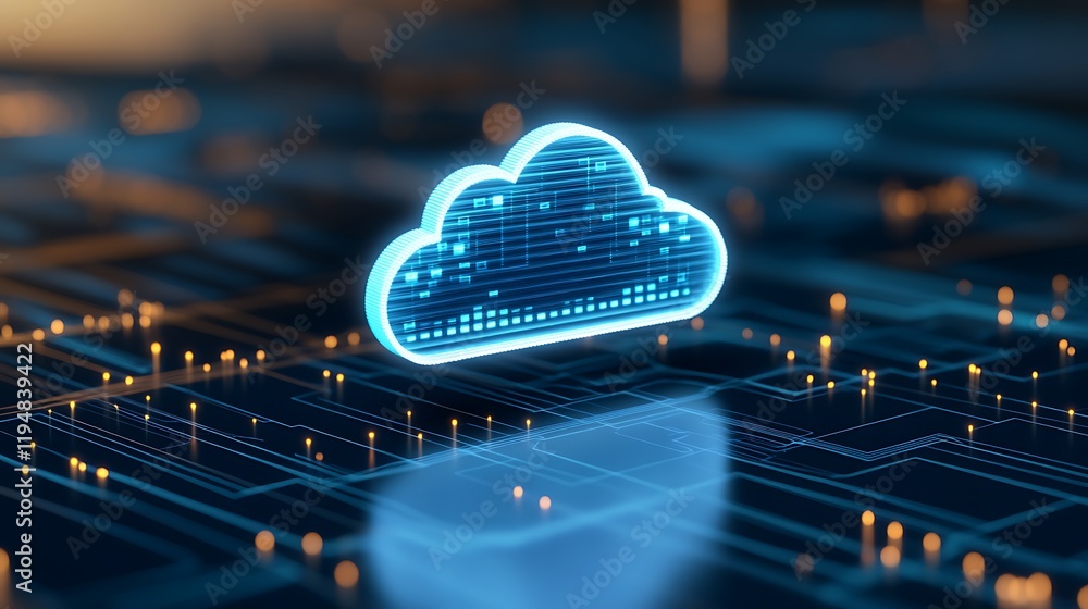 Poster futuristic digital cloud icon with data points on a circuit board in a high-tech environment