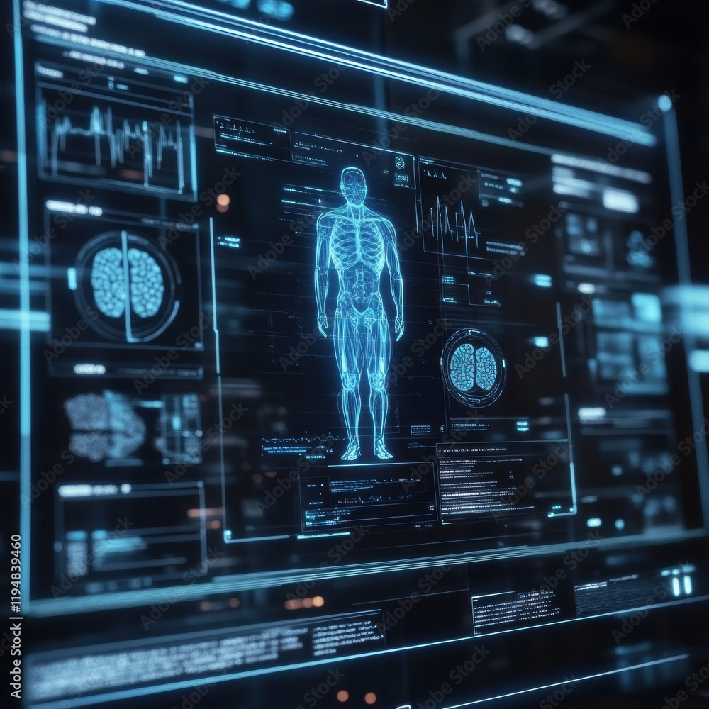 Poster diagnostic medical data display with anatomical visuals and patient health metrics in modern healthc