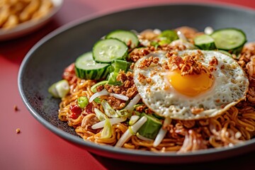 Indonesian fried noodle It is presented with fried egg, fried onion crumb and cucumber as topping