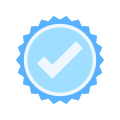 A minimalist blue badge icon vector with a white checkmark at the center, symbolizing verification and approval. Clean design, perfect for branding or digital use