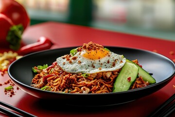 Indonesian fried noodle It is presented with fried egg, fried onion crumb and cucumber as topping