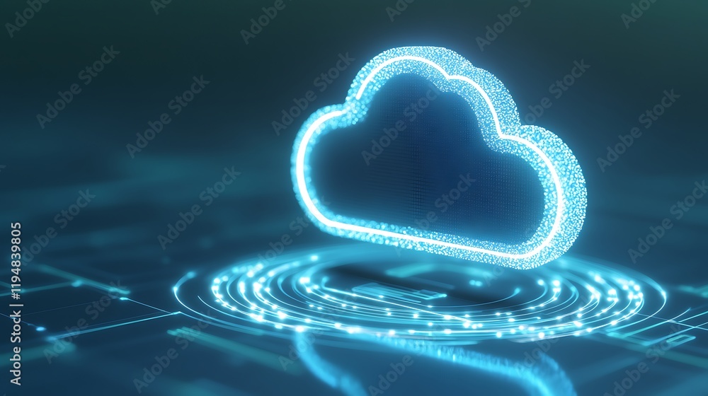 Poster futuristic digital cloud icon with glowing effects and data circles on abstract background