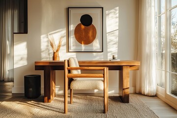 A photo of the most beautiful home office interior design in earth tones, with a wood desk and an abstract poster on the wall
