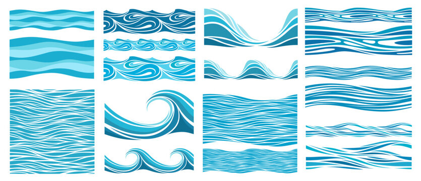 Blue Waves Set. Seamless beautiful waves. Vector blue marine pattern. Stylized design.