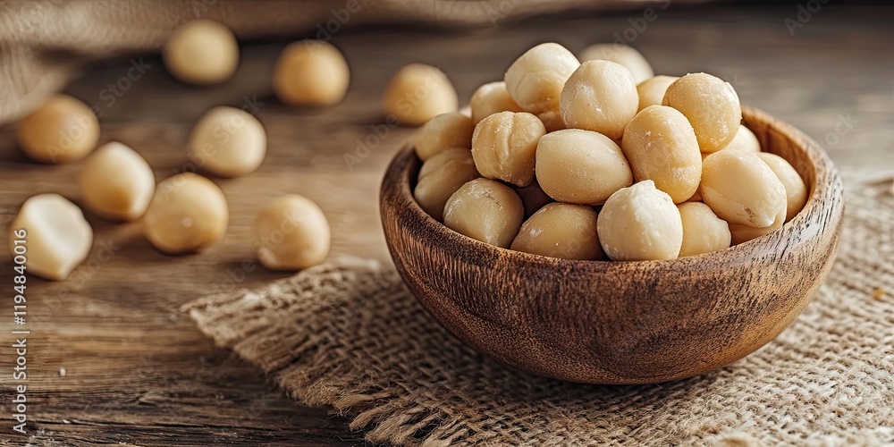 Poster wooden bowl overflowing with macadamia nuts on rustic table with scattered nuts in soft focus; warm 