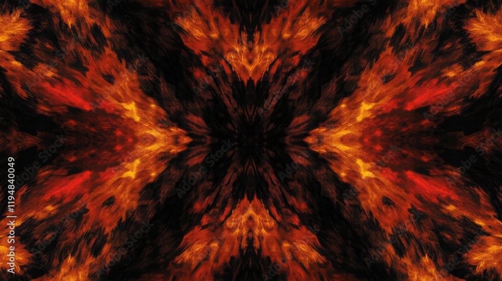Poster abstract symmetrical pattern of fiery orange and black with a central dark void space