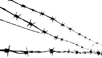 Barbed Wire Fence Close Up, Black and White Photography, Sharp Spikes, Detailed Texture, Isolated on White Background, Security   